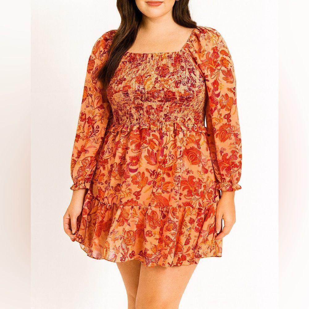 1. State Orange Floral Long Sleeve Dress Smocked Waist Medium NWT - Picture 3 of 12